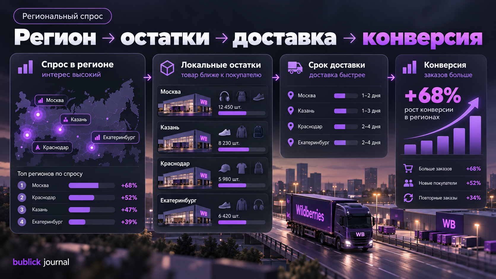 Связь регионального спроса Wildberries с остатками, доставкой и конверсией