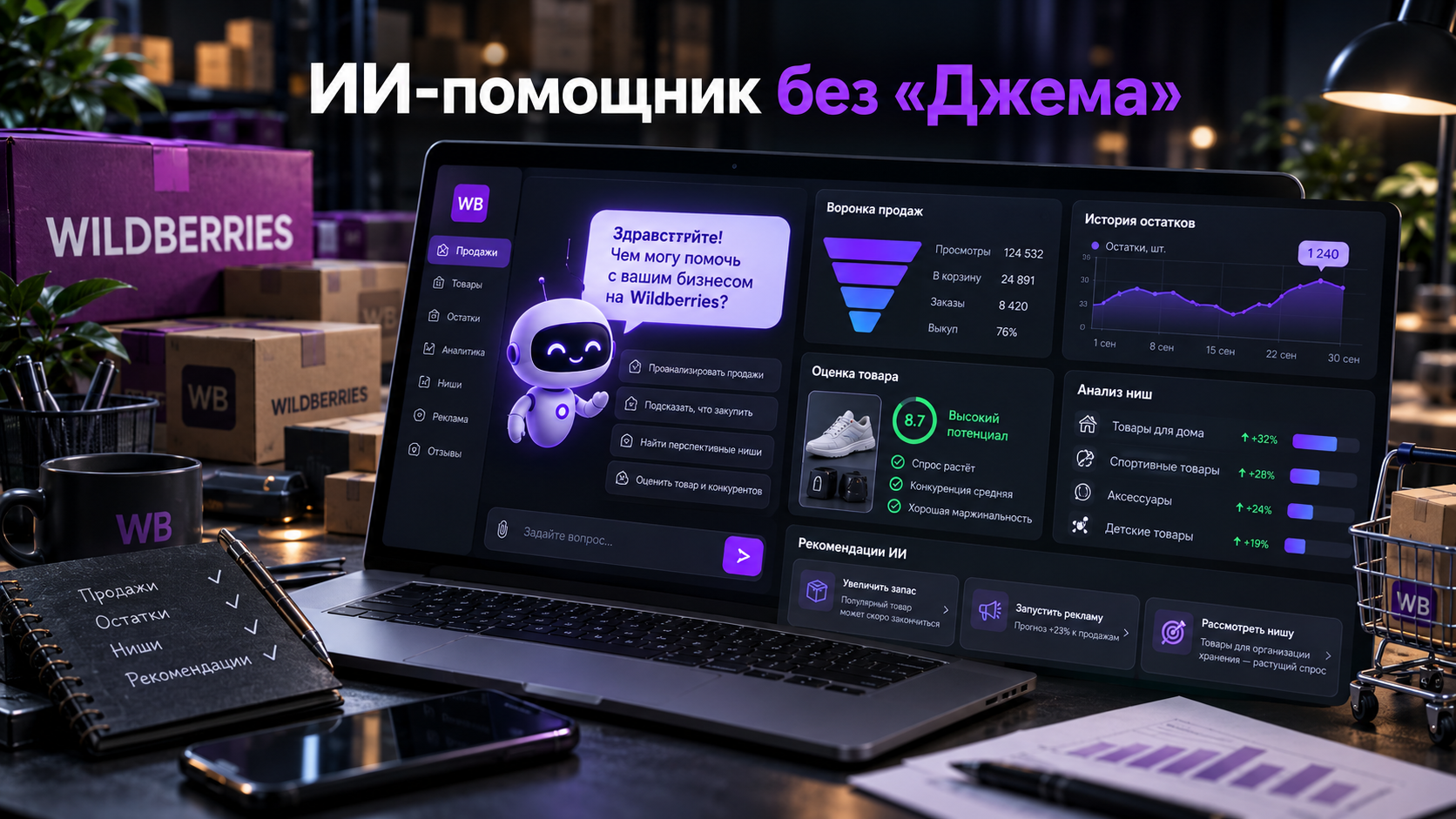 ИИ-помощник Wildberries без подписки Джем: воронка продаж, остатки, оценка товара и анализ ниш