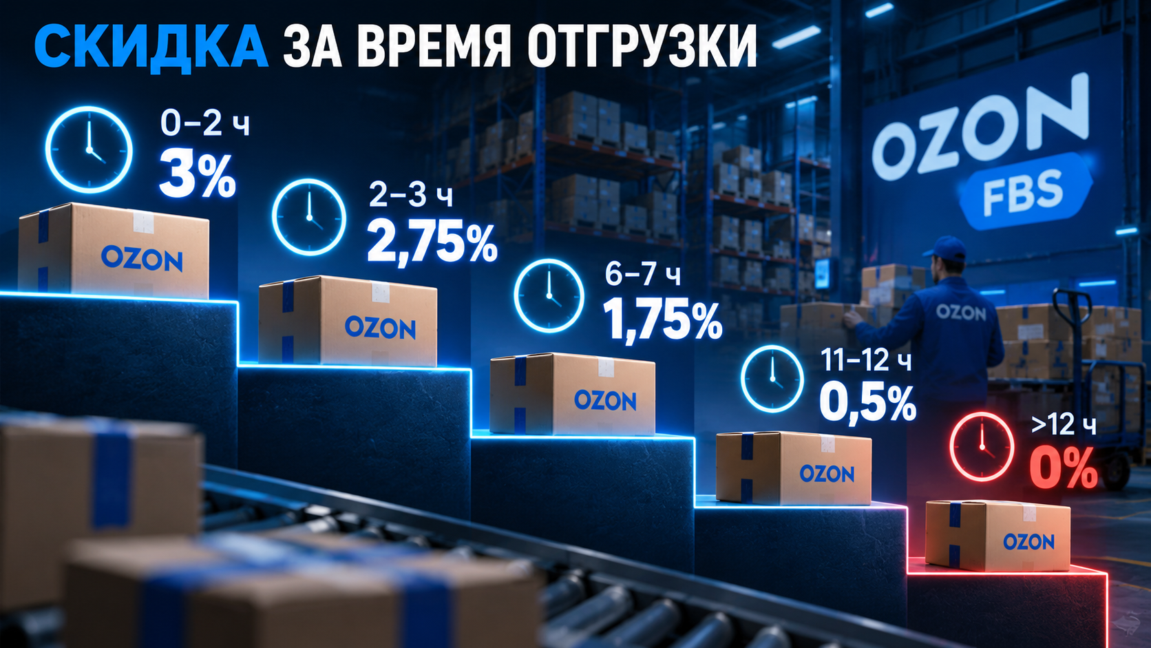 Таблица скидки Ozon FBS по времени отгрузки: от 3 процентов до нуля