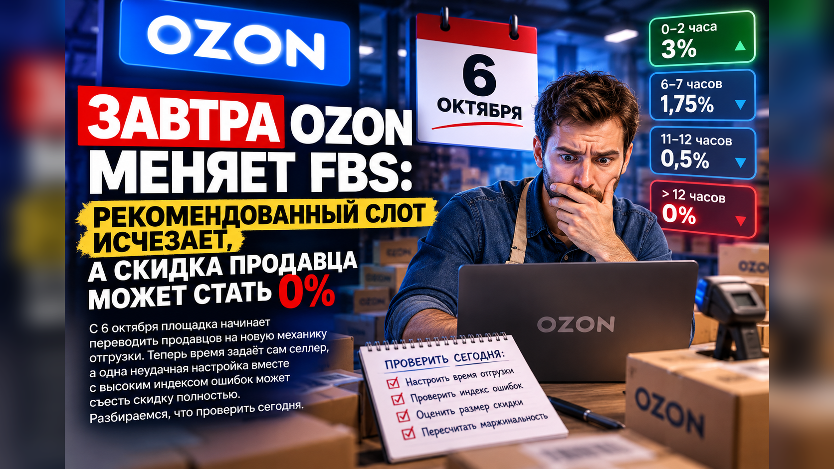 Ozon FBS с 6 октября 2026: отмена рекомендованного слота и новая скидка 0–3 процента